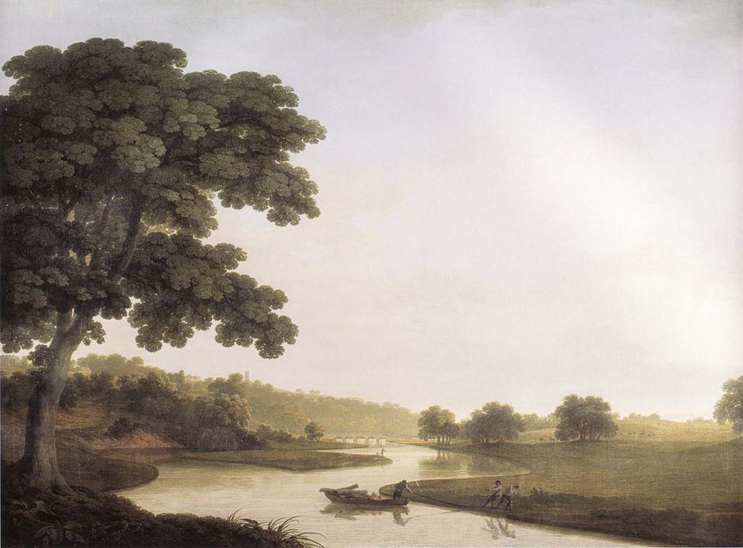 The Bridge in the Park at Carton with Workmen Landing Logs from a Boat